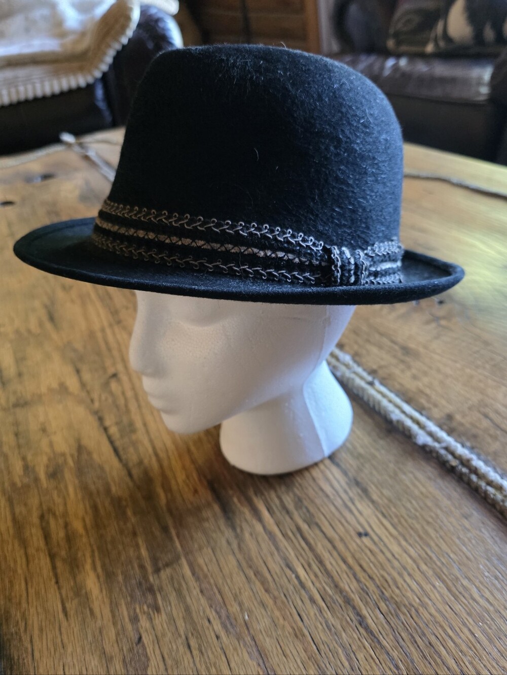 Black Felt Bowler Hat with Braided Trim 7 1/4